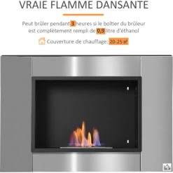 HOMCOM Cheminée Bioéthanol Murale Design Bauhaus 1 Brûleur 1,5 L Couverture 20-25 M² Acier Inox Brossé -Chauffage Équipement Magasin 14738510 5