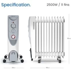 Radiateur à Bain D'huile 2500 W, 11 Colonnes - Chauffage électrique Portable, Minuterie Intégrée, 3 Réglages De Chaleur, Thermostat - Pro Breeze -Chauffage Équipement Magasin 26996921 3