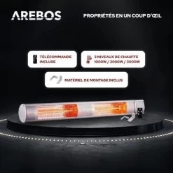 AREBOS Radiateur Infrarouge Extérieur Chauffage Radiant Terrasse Protection 3000W Avec Télécommande Intérieur Et Extérieur -Chauffage Équipement Magasin 27421309 3