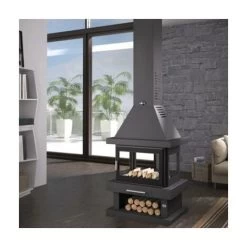 Cheminée Centrale En Acier, 4 Cotés Vitrés, Bûcher Inférieur 13.5 Kw