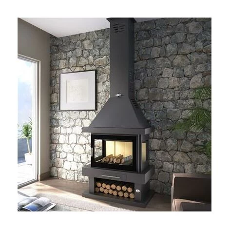 Cheminée à Bois En Acier, 3 Cotés Vitrés, Bûcher Inférieur 15 Kw 1 Cheminée à Bois En Acier, 3 Cotés Vitrés, Bûcher Inférieur 15 Kw
