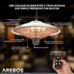 AREBOS Chauffage Radiant De Plafond 2.000 W 3 Réglages De Chaleur Avec Lampe LED + Télécommande Argent -Chauffage Équipement Magasin 39581585 3