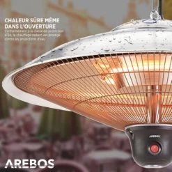 AREBOS Chauffage Radiant De Plafond 2.000 W 3 Réglages De Chaleur Avec Lampe LED + Télécommande Argent -Chauffage Équipement Magasin 39581585 4