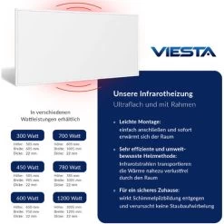 Viesta H900 Panneau De Chauffage Infrarouge Crystal Carbon (dernière Technologie) Panneau Radiateur Ultra Mince Chauffage Mural Blanc - 900 Watts + Viesta TH20 Thermostat -Chauffage Équipement Magasin 50623274 5