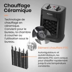 Mini Radiateur Céramique 2000 W - 3 Niveaux De Puissance - Chauffage D'appoint Compact - Noir Pro Breeze -Chauffage Équipement Magasin 60262572 4