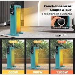 COSTWAY Radiateur Bain D'Huile 1500 W Mobile - 3 Puissance 5-35°C, 7 Eléments, Racks De Serviettes, Protection Contre Surchauffe Et Basculement, Bleu Vert -Chauffage Équipement Magasin 71254327 3