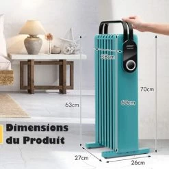 COSTWAY Radiateur Bain D'Huile 1500 W Mobile - 3 Puissance 5-35°C, 7 Eléments, Racks De Serviettes, Protection Contre Surchauffe Et Basculement, Bleu Vert -Chauffage Équipement Magasin 71254327 4