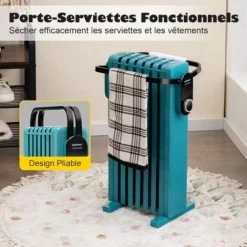 COSTWAY Radiateur Bain D'Huile 1500 W Mobile - 3 Puissance 5-35°C, 7 Eléments, Racks De Serviettes, Protection Contre Surchauffe Et Basculement, Bleu Vert -Chauffage Équipement Magasin 71254327 5