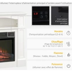 HOMCOM Cheminée électrique XL Style Classique Chic 1800 W Effet Flammes LED Minuterie Température Luminosité Réglables Télécommande Fournie Blanc 9 HOMCOM Cheminée électrique XL Style Classique Chic 1800 W Effet Flammes LED Minuterie Température Luminosité Réglables Télécommande Fournie Blanc -Chauffage Équipement Magasin 72276188 5