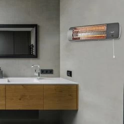 Radiateur Pour Montage Mural De 1200 Watts 2 Niveaux De Chauffe à Régler Radiateur Soufflant Radiateur Salle De Bain à Quartz, Métal Gris, Interrupteur à Tirette, L 56 Cm