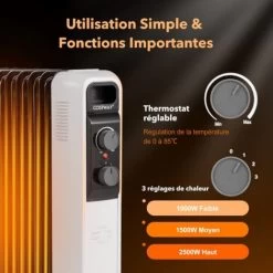 COSTWAY Radiateur Bain D'Huile 2500W 11 Éléments 3 Niveaux De Puissance Et Thermostat Réglable, Radiateur Electrique Silencieux Anti-Surchauffe&Anti-Sasculement Économie D’Energie, Noir+Blanc -Chauffage Équipement Magasin 79657855 3