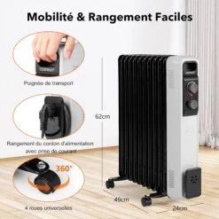 COSTWAY Radiateur Bain D'Huile 2500W 11 Éléments 3 Niveaux De Puissance Et Thermostat Réglable, Radiateur Electrique Silencieux Anti-Surchauffe&Anti-Sasculement Économie D’Energie, Noir+Blanc -Chauffage Équipement Magasin 79657855 4