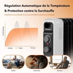 COSTWAY Radiateur Bain D'Huile 2500W 11 Éléments 3 Niveaux De Puissance Et Thermostat Réglable, Radiateur Electrique Silencieux Anti-Surchauffe&Anti-Sasculement Économie D’Energie, Noir+Blanc -Chauffage Équipement Magasin 79657855 5