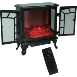 HOMCOM Cheminée Electrique Poêle Style Néo-rétro 2 Portes Télécommande Minuterie 1000/2000 W LED Luminosité Réglable Noir -Chauffage Équipement Magasin 8889210 4