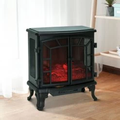 HOMCOM Cheminée Electrique Poêle Style Néo-rétro 2 Portes Télécommande Minuterie 1000/2000 W LED Luminosité Réglable Noir -Chauffage Équipement Magasin 8889210 5