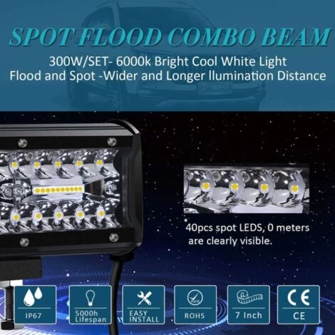 Phare De Travail LED 12V 300W 7'' Projecteur LED Voiture 12v Etanche IP67 Spot Flood Feux Antibrouillard LED 27,000lm Feux De Travail Pour Voiture Camion Tracteur SUV Bateau(2 PCS) 2 Phare De Travail LED 12V 300W 7'' Projecteur LED Voiture 12v Etanche IP67 Spot Flood Feux Antibrouillard LED 27,000lm Feux De Travail Pour Voiture Camion Tracteur SUV Bateau(2 PCS) – Image 2