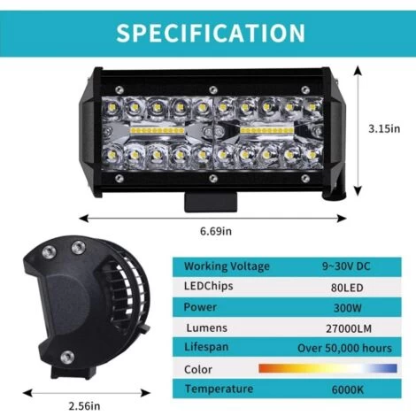 Phare De Travail LED 12V 300W 7'' Projecteur LED Voiture 12v Etanche IP67 Spot Flood Feux Antibrouillard LED 27,000lm Feux De Travail Pour Voiture Camion Tracteur SUV Bateau(2 PCS) 4 Phare De Travail LED 12V 300W 7'' Projecteur LED Voiture 12v Etanche IP67 Spot Flood Feux Antibrouillard LED 27,000lm Feux De Travail Pour Voiture Camion Tracteur SUV Bateau(2 PCS) – Image 4